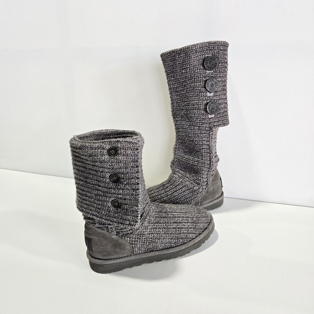 UGG Classic Cardy Knit Boot Size Women’s 7 Grey Fold Down Tall Booties 5819 EUC